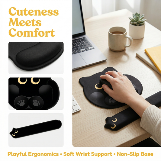 Black Cat Ergonomic Mouse Pad with Wrist Support – Adorable Design, Plush Comfort