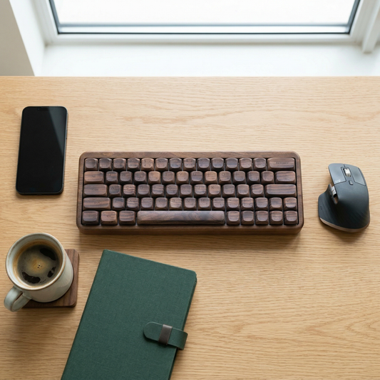 Premium Walnut Wood 64-Key GH60% Mechanical Keyboard | Tri-Mode, RGB, Wood-Grain Keycaps for Gaming & Work