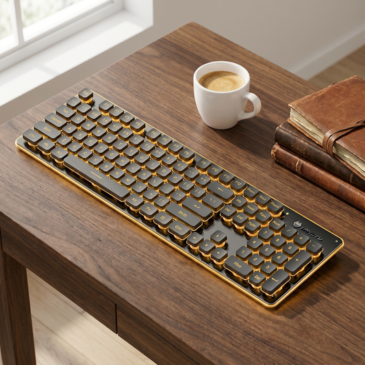 Black Wired Silent Keyboard with Orange Backlight, 104-Key Mechanical Feel